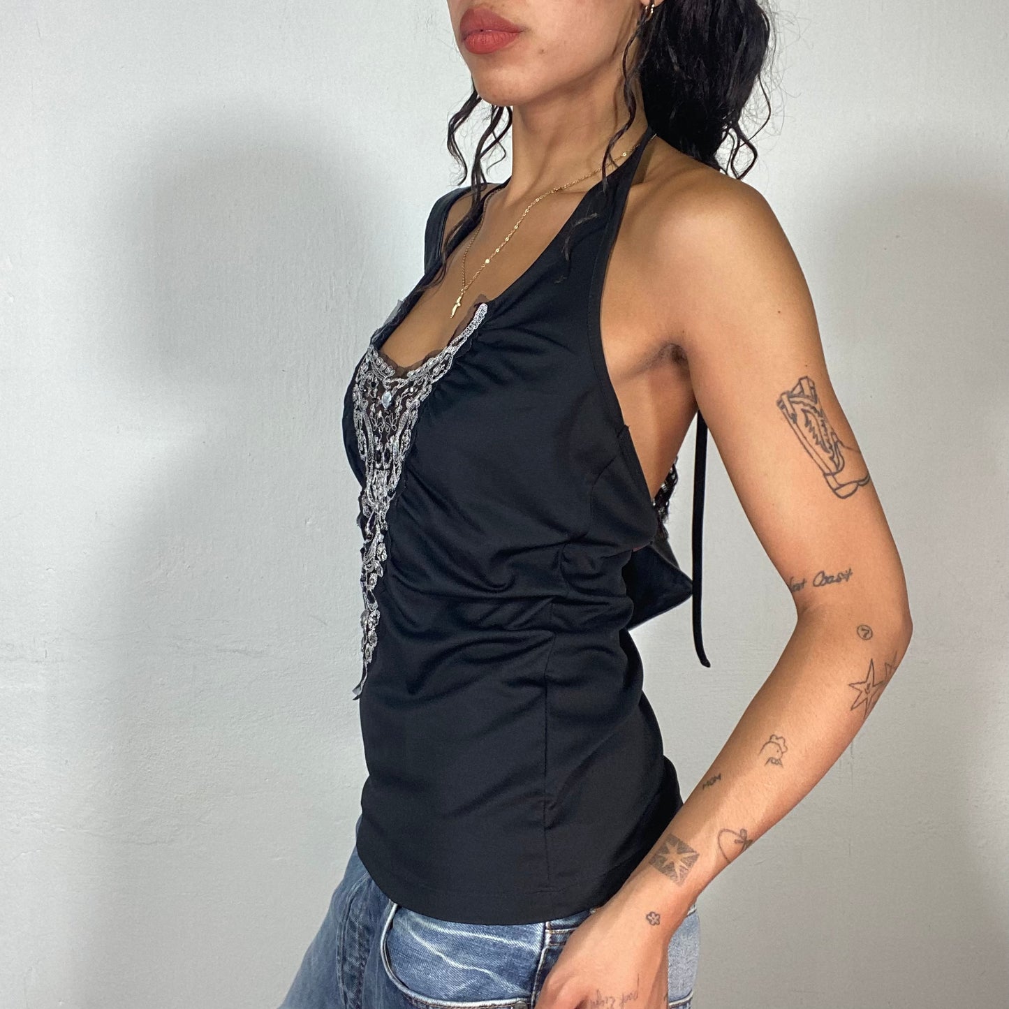 Vintage 2000's Clubwear Black Neckholder Top with White Mesh Embroidery Detail (S/M)