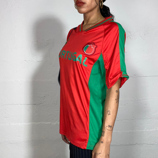 Vintage 2000's Sporty Red Soccer Top with Portugal Green Print (M/L)