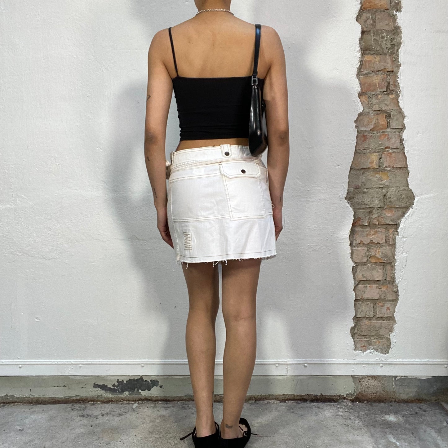 Vintage 2000's Grunge White Denim Wrap Mini Skirt with Contrast Stitching (S)