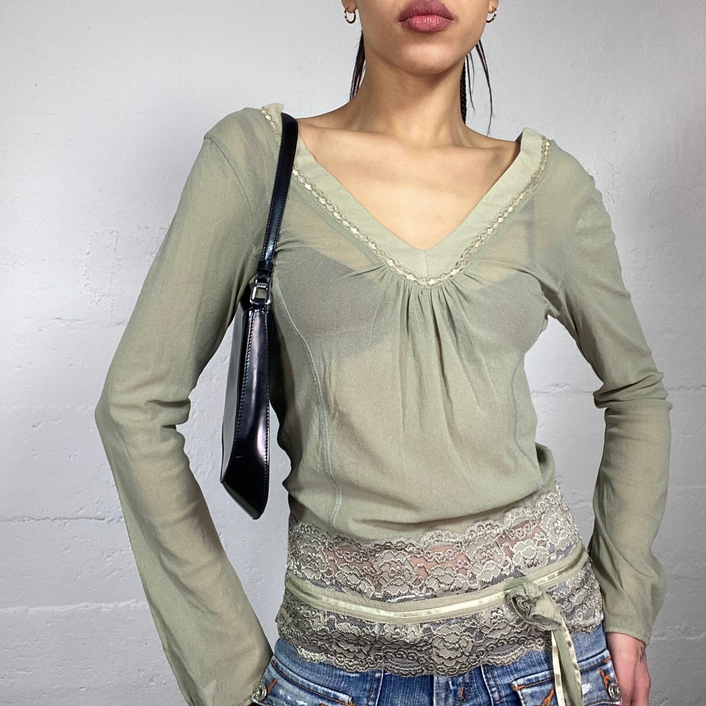 Vintage 90's Phoebe Buffay Khaki See Through Longsleeve Top with lace Bottom Detail (S)