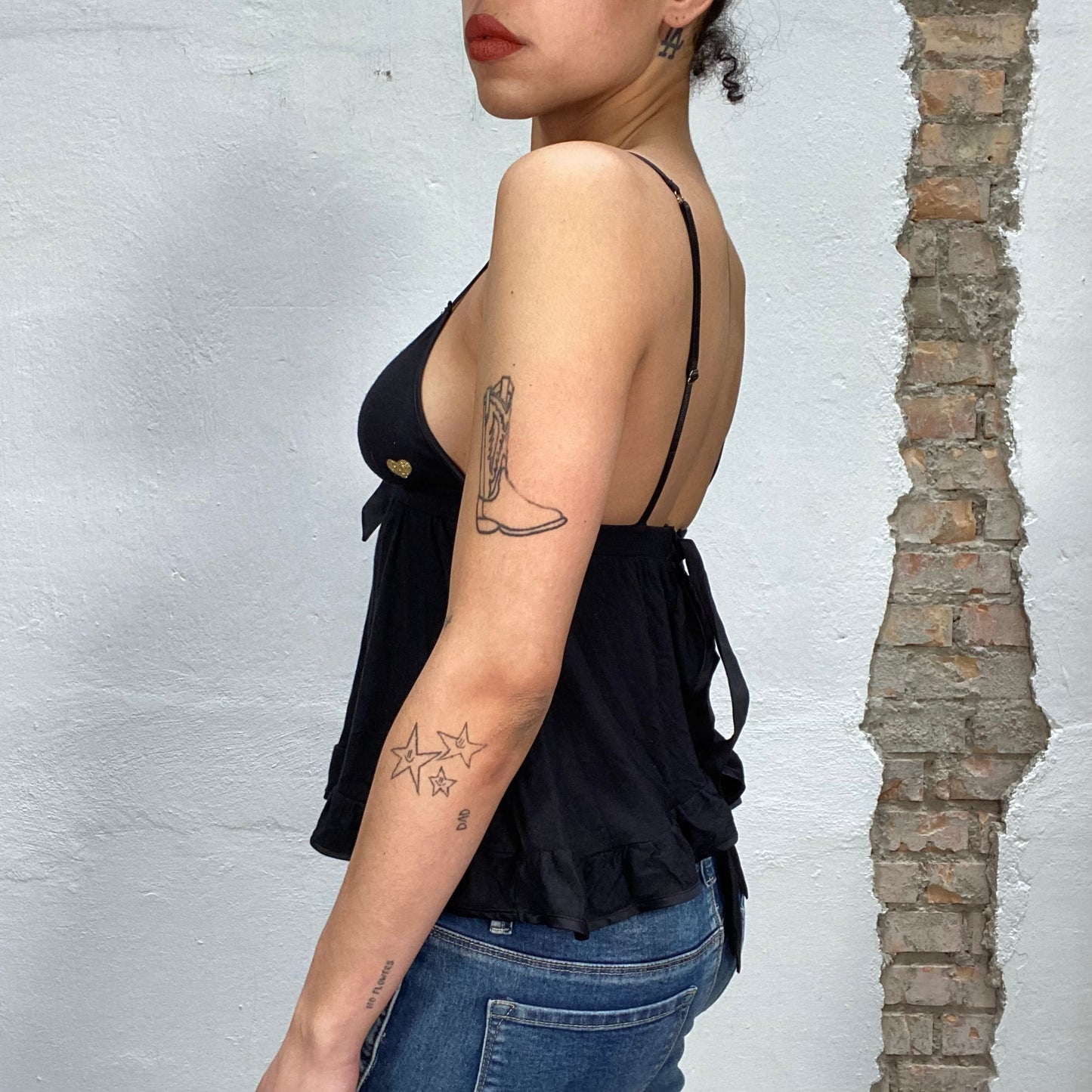 Vintage 2000's Downtown Girl Black Flowy Top with Bow Detail (S)