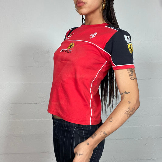 Vintage 2000's Ferrari Sporty Red and Black Top with Brand Logo Patches Detail (XS/S)