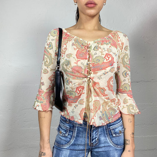 Vintage 2000's Downtown Girl Beige Longsleeve Blouse Top with Red and Green Paisley Print (S)