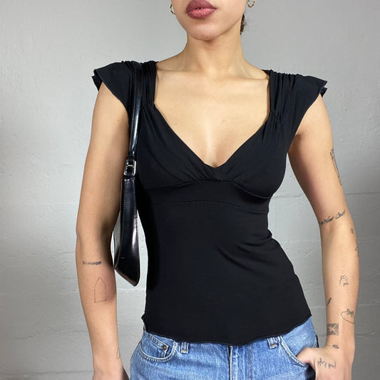 Vintage 2000's Romantic Girl Black Deep V-Neck Top (S/M)