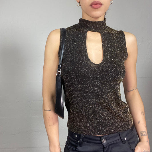 Vintage 90's Clubwear Black Highneck Top with Open Front and Gold Glitter Covering (S/M)