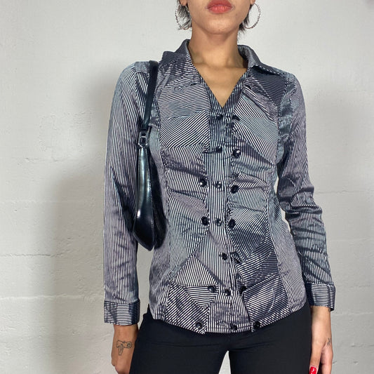 Vintage 90's Office Grey Reworked Button Up Shirt with Pinestripe Print (S/M)