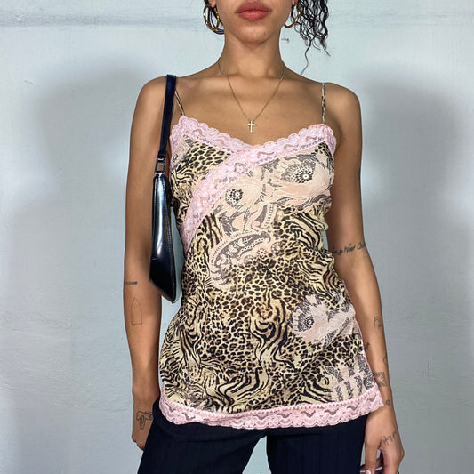 Vintage 2000's Coquette Girl Leopard Cami Top with Pink Lingerie Accents and Side Slit (S)