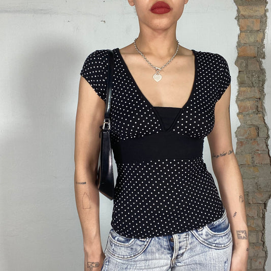 Vintage 2000's Downtown Girl Black V-Neck Shirt with White Polka Dots (S)