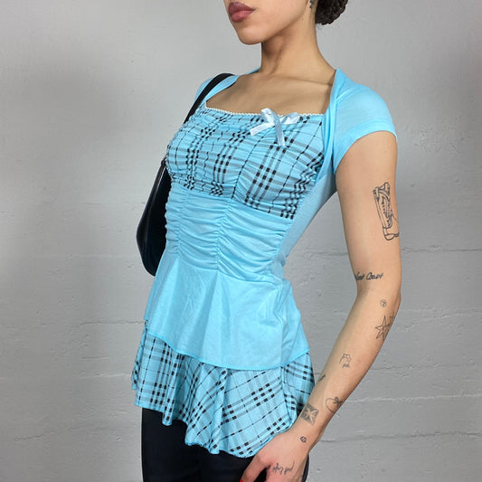 Vintage 2000's Ballet Blue Layered Volant Long Top with Checkered Print and Bow Detail (S)