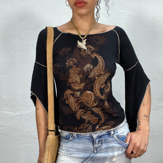 Vintage 90's Indie Brown Top with Paisley Print and Flared Sleeves (S/M)