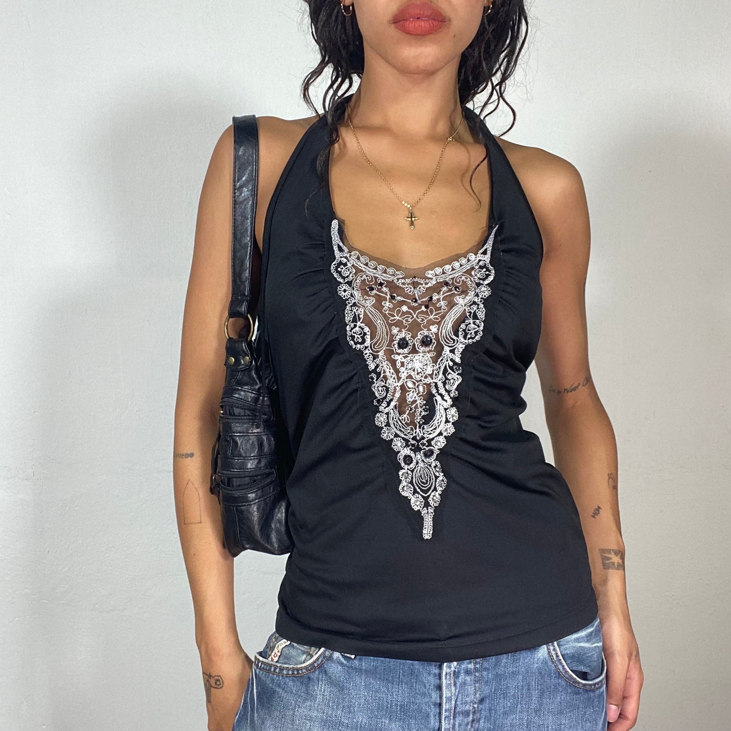 Vintage 2000's Clubwear Black Neckholder Top with White Mesh Embroidery Detail (S/M)