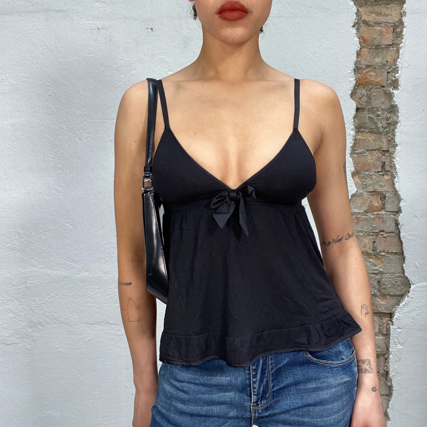 Vintage 2000's Downtown Girl Black Flowy Top with Bow Detail (S)