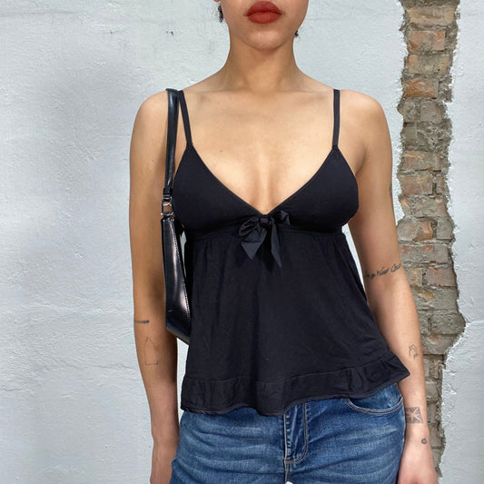 Vintage 2000's Downtown Girl Black Flowy Top with Bow Detail (S)
