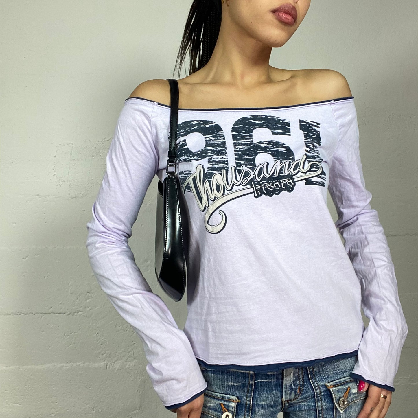 Vintage 2000's Downtown Girl Lilac Off Shoulder Longsleeve Top with "961 Thousand kisses" Print (M)
