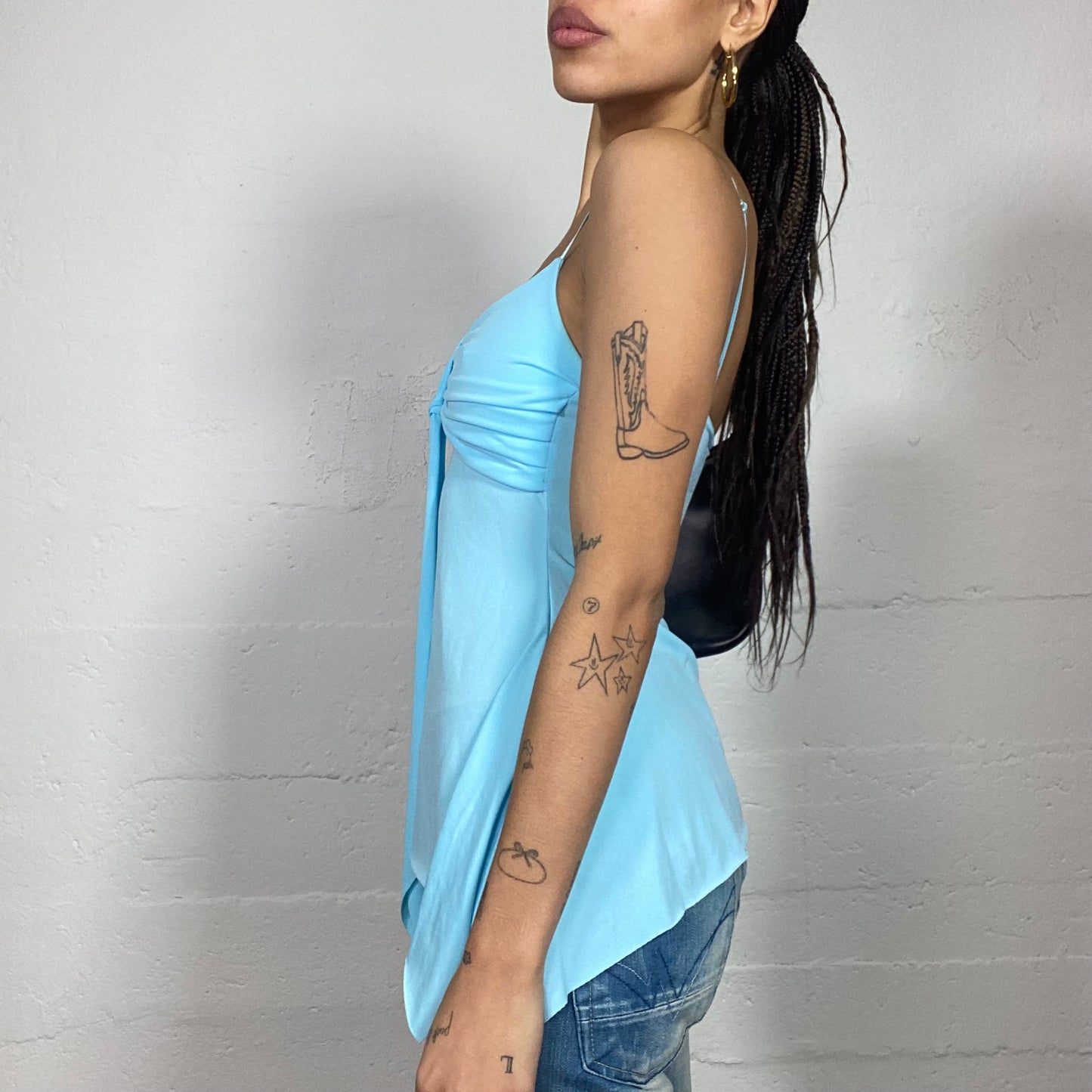 Vintage 2000's Downtown Girl Aqua Blue Top with Asymmetrical Cut (S)