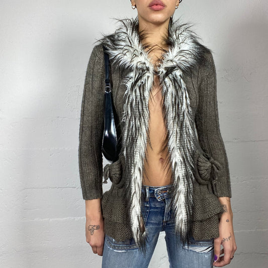 Vintage 2000's English It Girl Grey Knit Cardigan with Furry Neckline Detail (M)