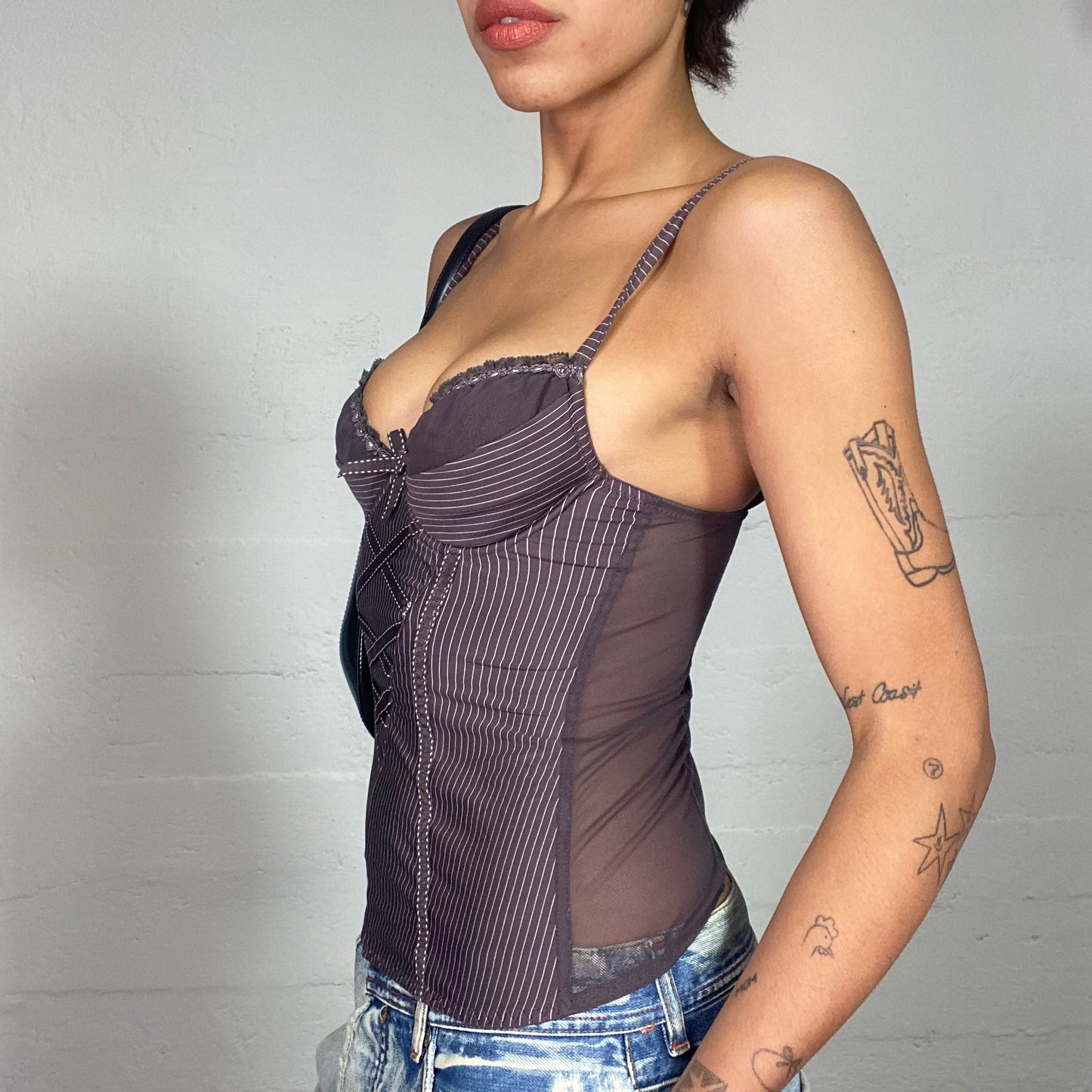 Vintage 2000's Clubwear Brown Corset Top with White Stripes and Lace Up and Mesh Back Detail (S)