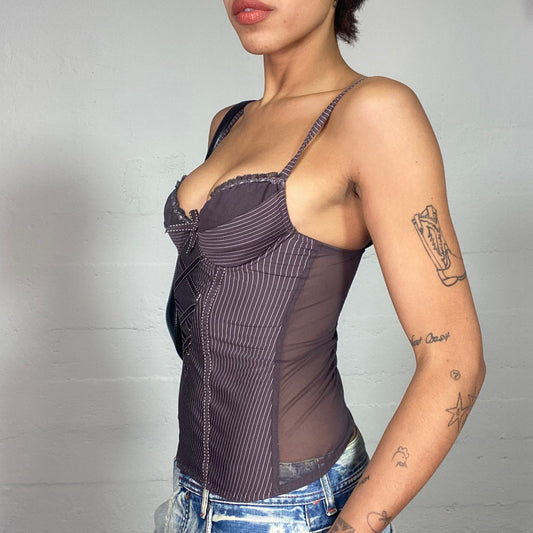 Vintage 2000's Clubwear Brown Corset Top with White Stripes and Lace Up and Mesh Back Detail (S)