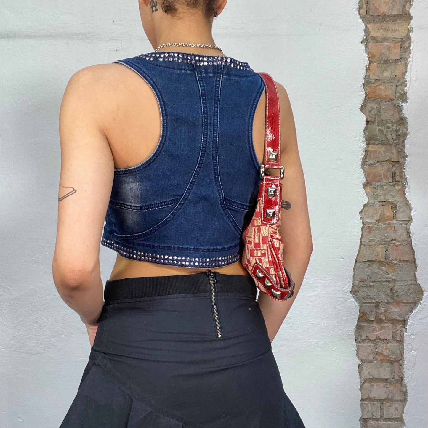 Vintage 2000's Western Denim Cropped Vest with Rhinestone Details (S)