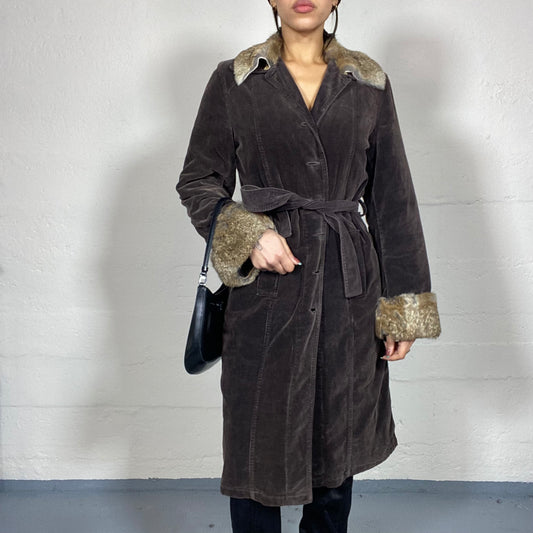 Vintage 2000's Bratz Brown Corduroy Long Afghan Coat with Brown Fur Collar and Sleeves Detail (S)