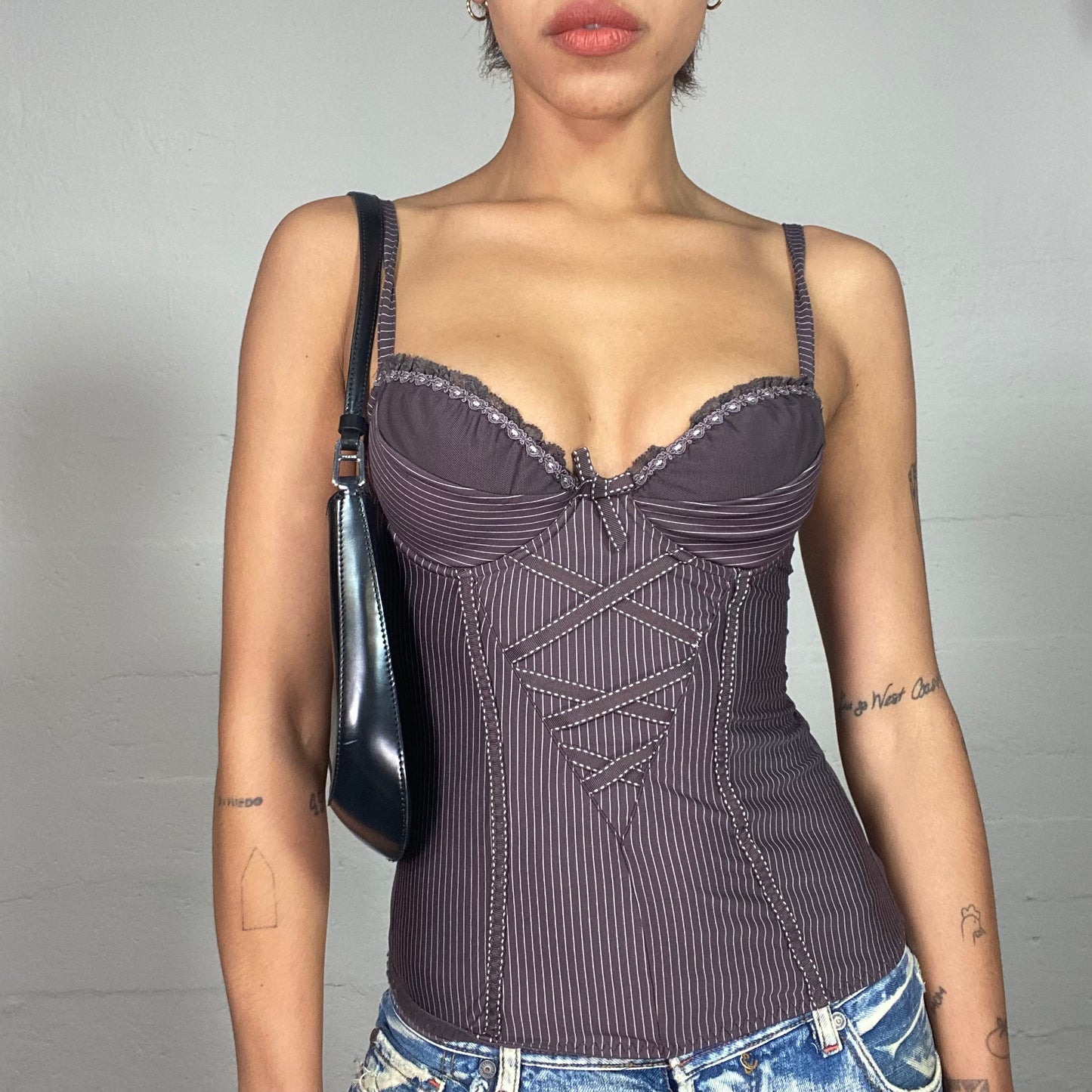 Vintage 2000's Clubwear Brown Corset Top with White Stripes and Lace Up and Mesh Back Detail (S)