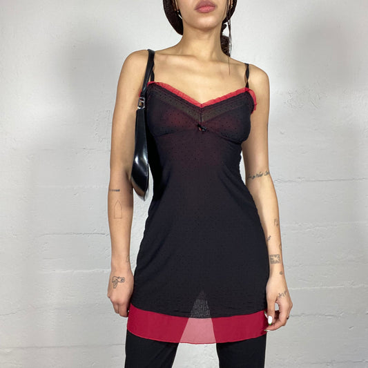 Vintage 90's Lingerie Black Mesh Long Slip Top with Red Lining (S)