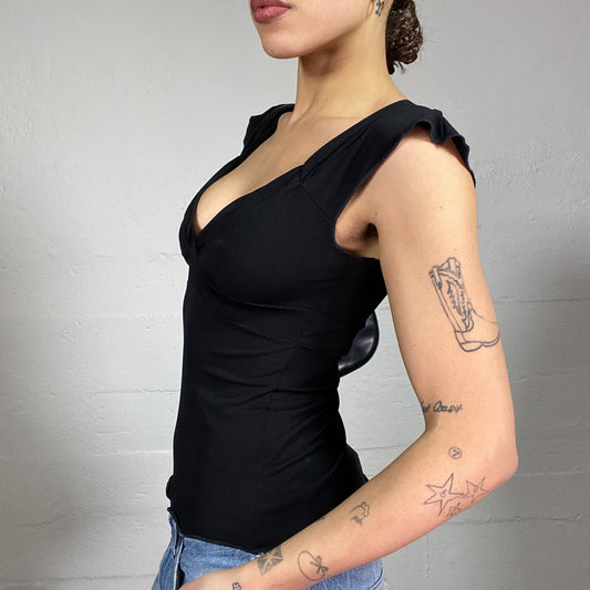 Vintage 2000's Romantic Girl Black Deep V-Neck Top (S/M)