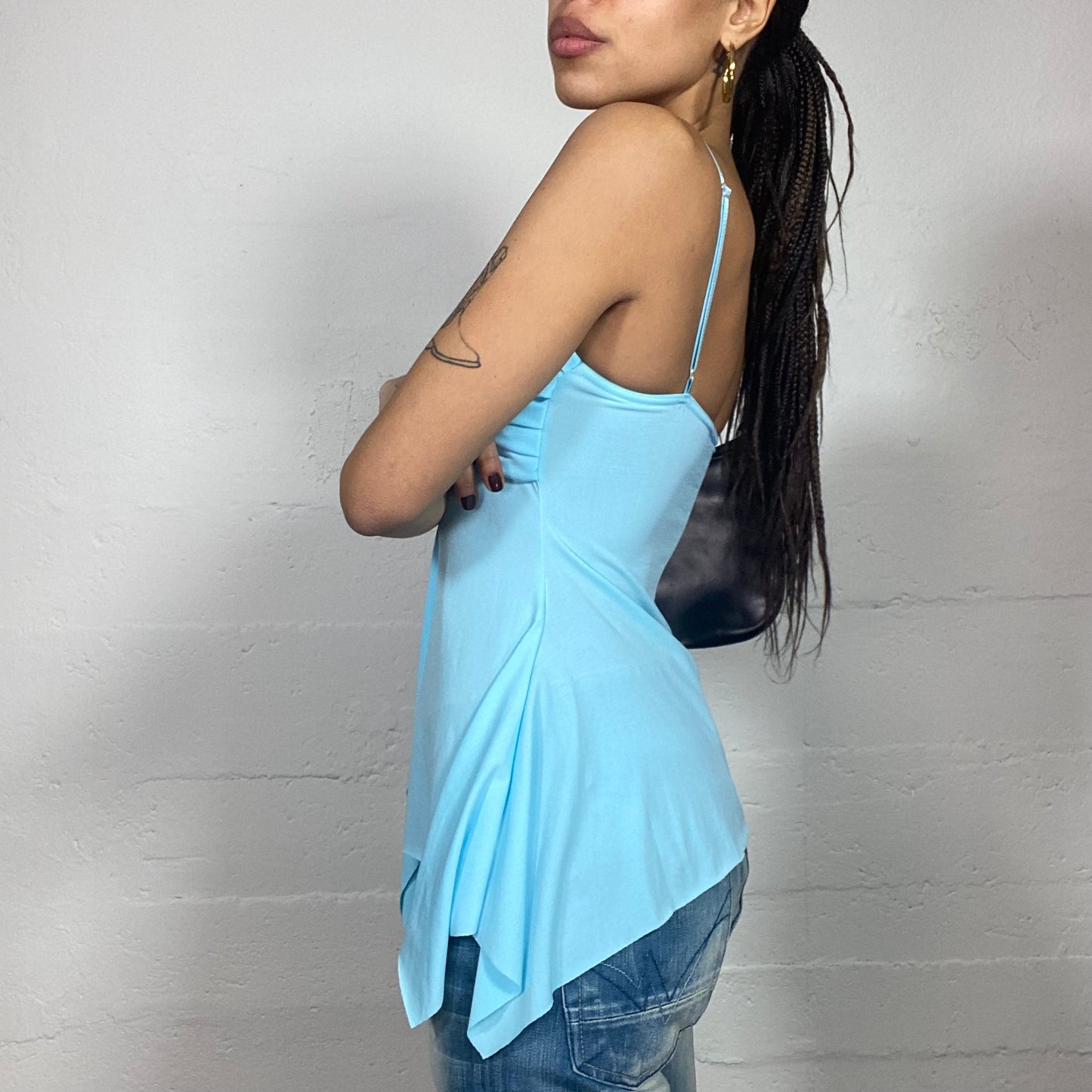 Vintage 2000's Downtown Girl Aqua Blue Top with Asymmetrical Cut (S)