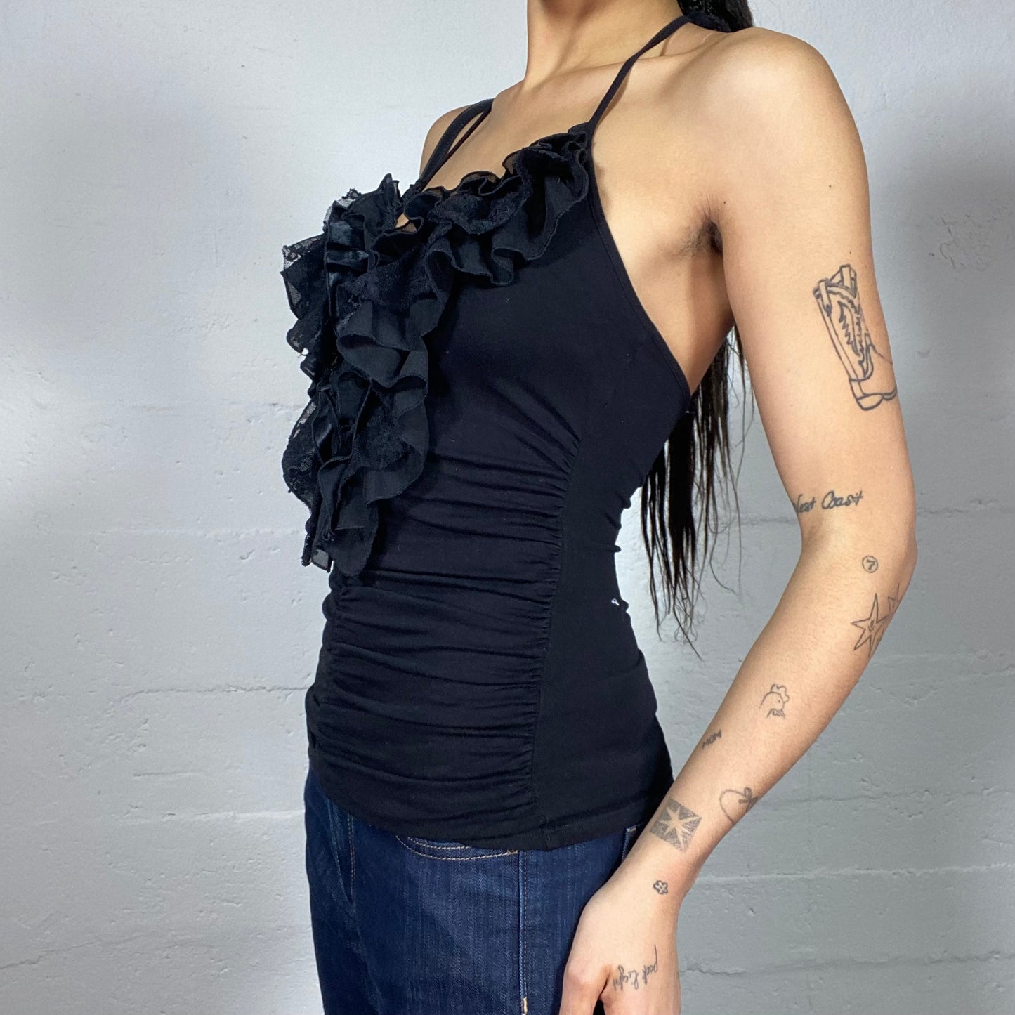 Vintage 2000's Clubwear Black Neckholder Top with Frilled Volants Detail (S)