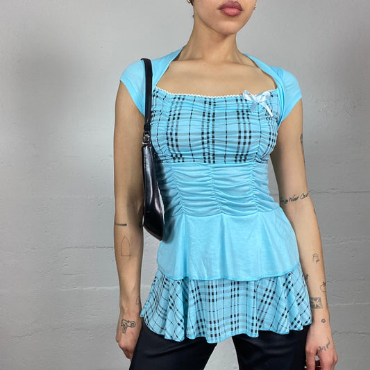 Vintage 2000's Ballet Blue Layered Volant Long Top with Checkered Print and Bow Detail (S)