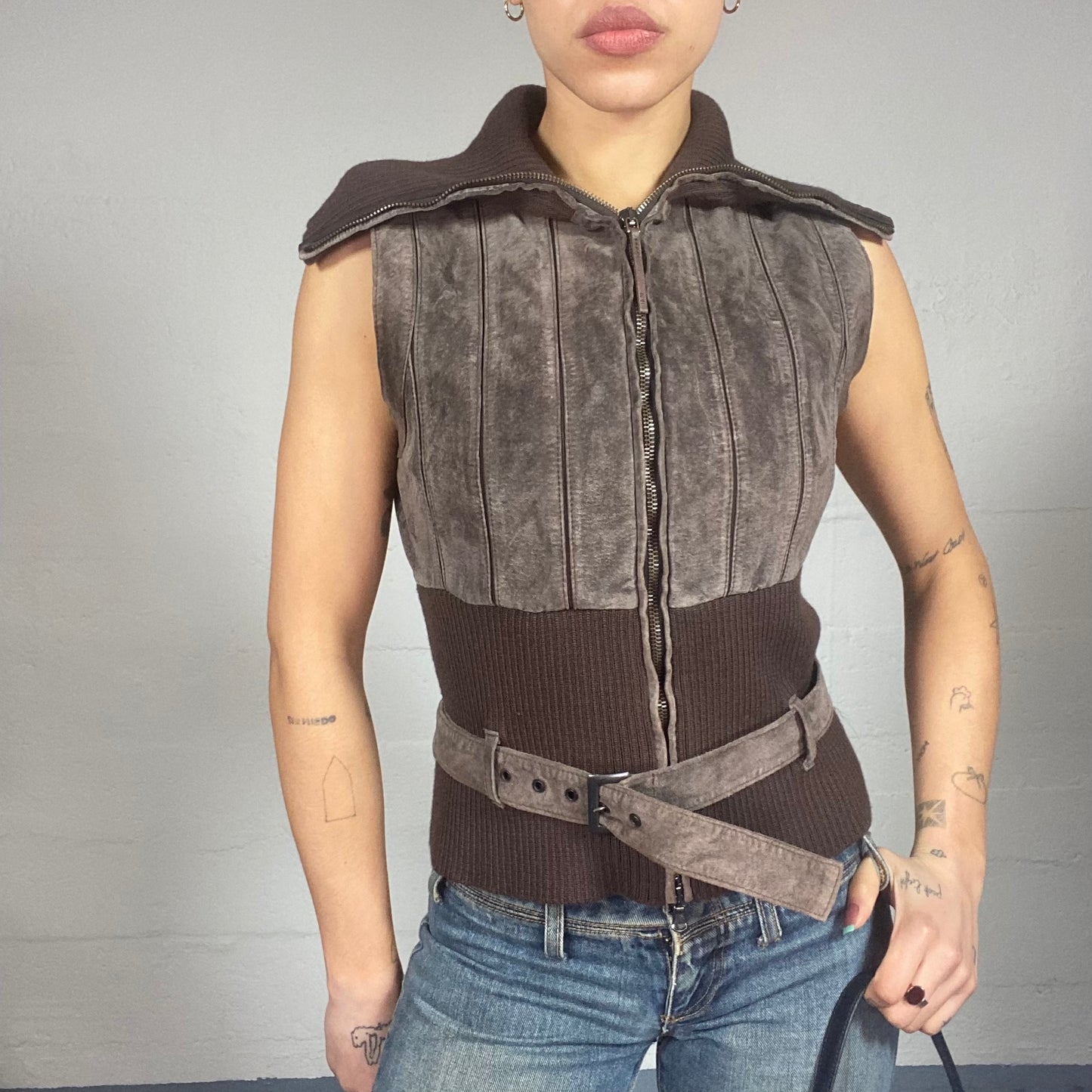 Vintage 2000's Bratz Leather Brown Vest with Maille Material (S)
