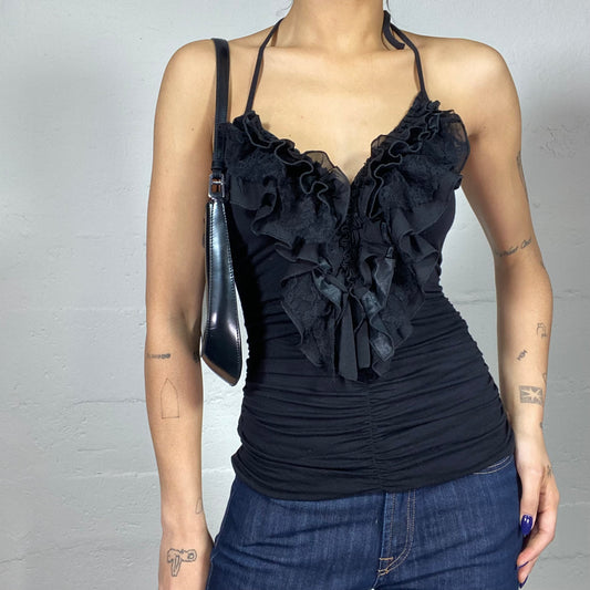 Vintage 2000's Clubwear Black Neckholder Top with Frilled Volants Detail (S)