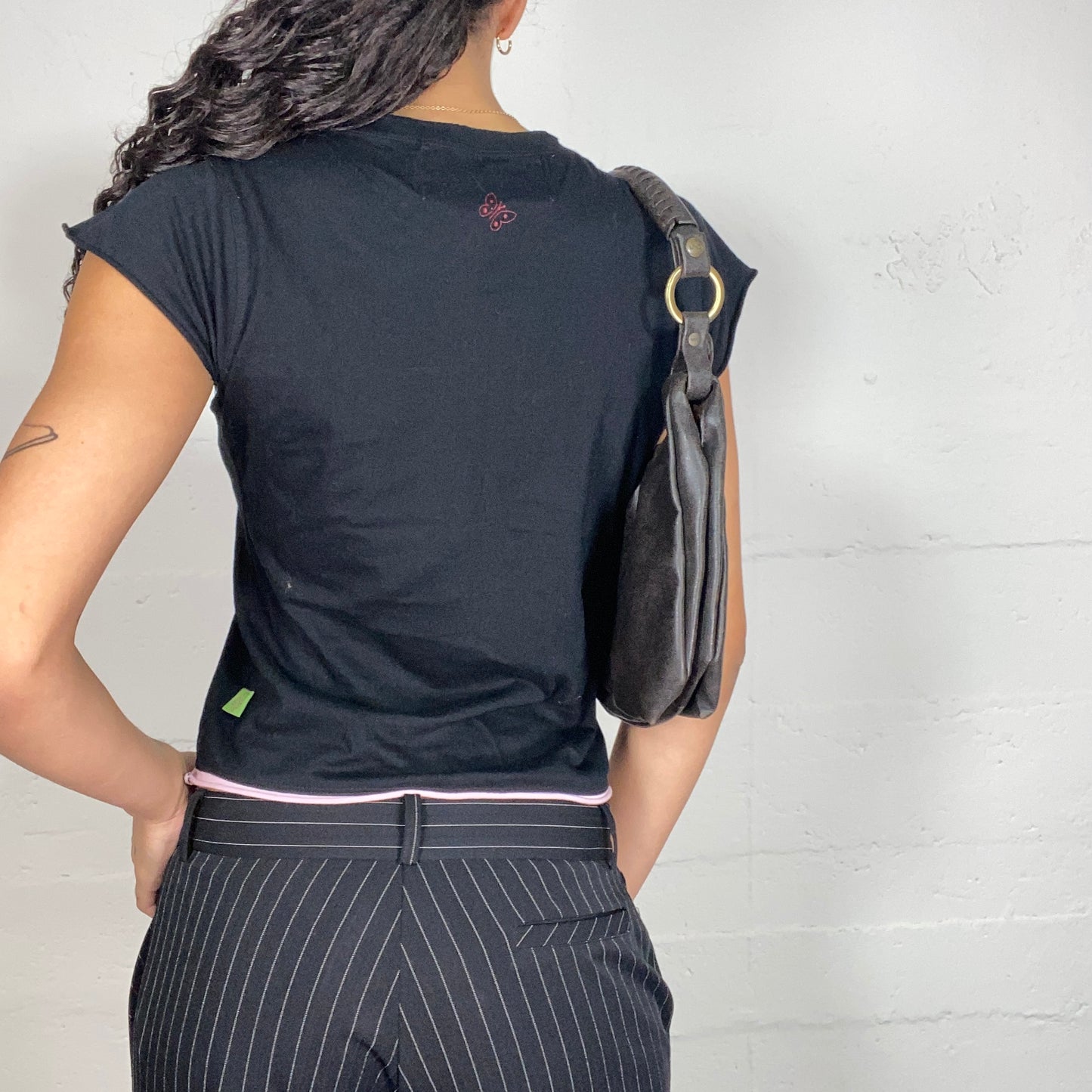 Vintage 2000's New London Downtown Girl Black Top with Logo Print and Sequin Detail (S)
