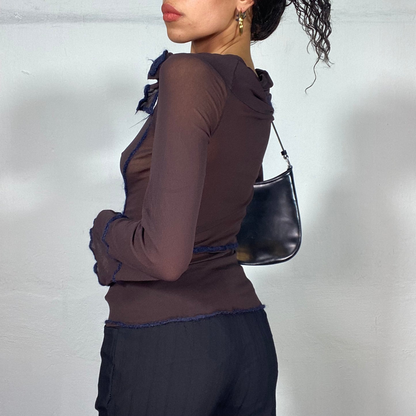 Vintage 2000's Cyber Mesh Brown Top with Visible Seam Stitching Detail (S)