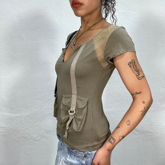 Vintage 90's Grunge Khaki Shirt with Net and Pocket Details (S)