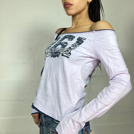 Vintage 2000's Downtown Girl Lilac Off Shoulder Longsleeve Top with "961 Thousand kisses" Print (M)