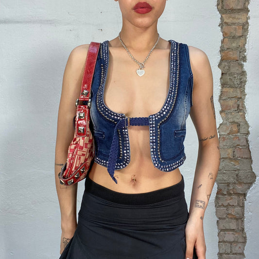 Vintage 2000's Western Denim Cropped Vest with Rhinestone Details (S)