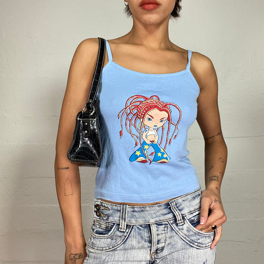 Vintage 2000's Downtown Girl Blue Top with Cartoon Girl Print (S)