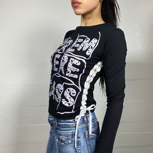 Vintage 2000's College Girl Black Longsleeve Top with Pink Rhinstones Text Print Detail (S)