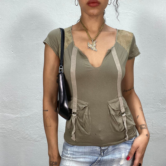 Vintage 90's Grunge Khaki Shirt with Net and Pocket Details (S)