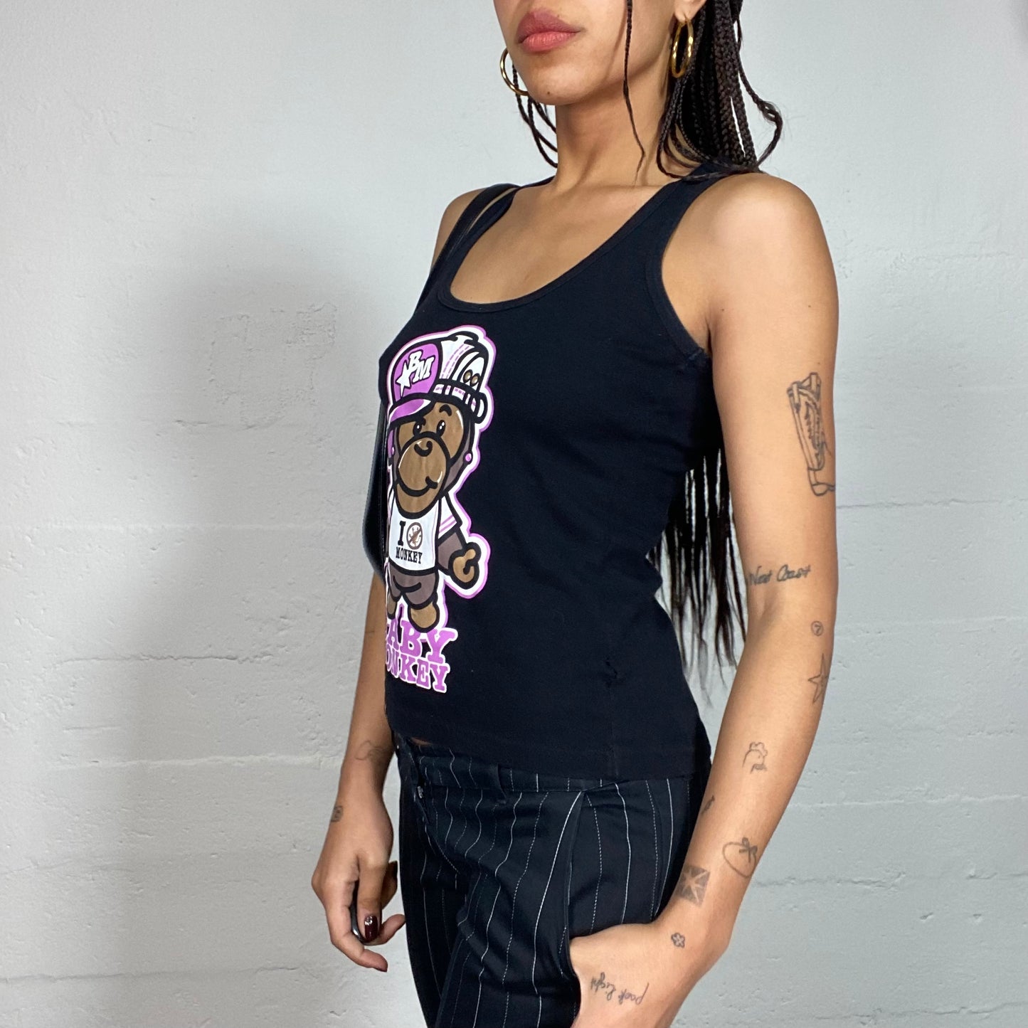 Vintage 2000's Sleaze Girl Black Top with Pink Baby Monkey Print (S)