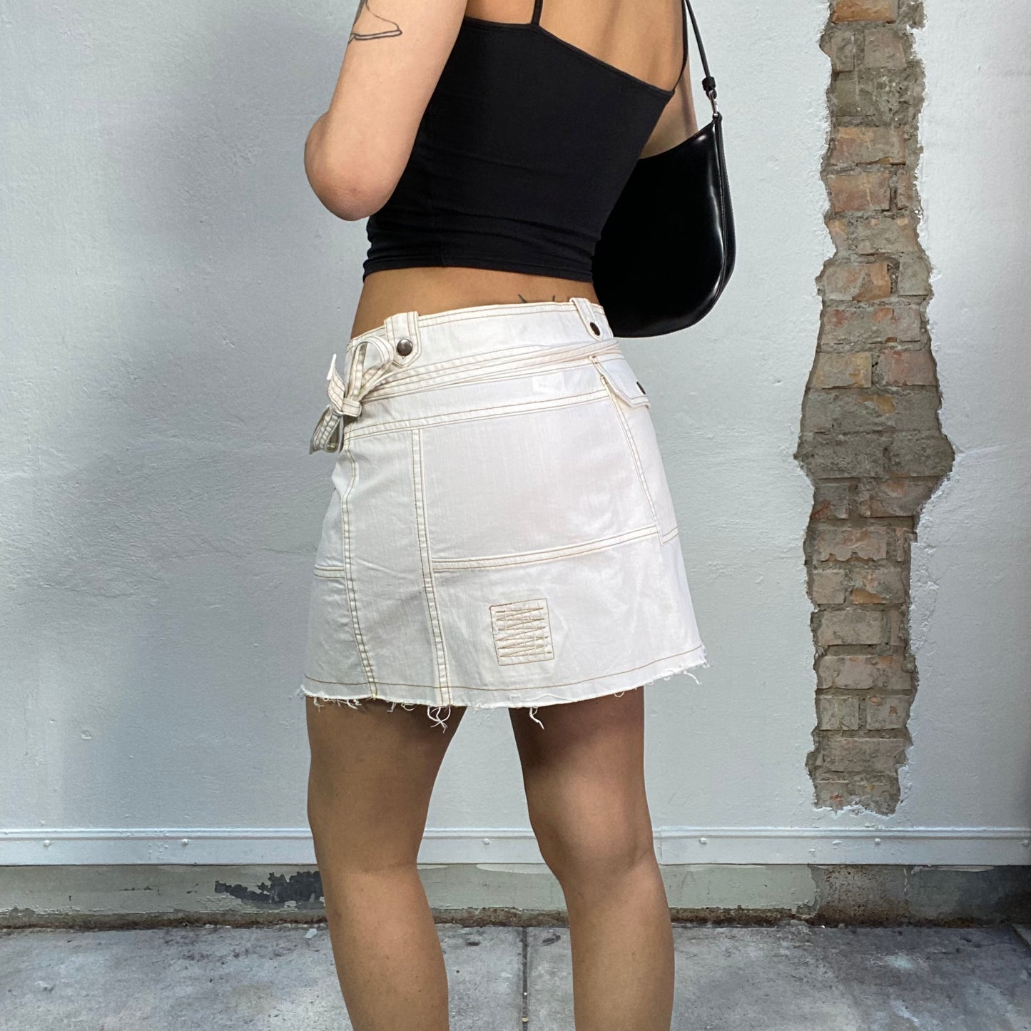 Vintage 2000's Grunge White Denim Wrap Mini Skirt with Contrast Stitching (S)