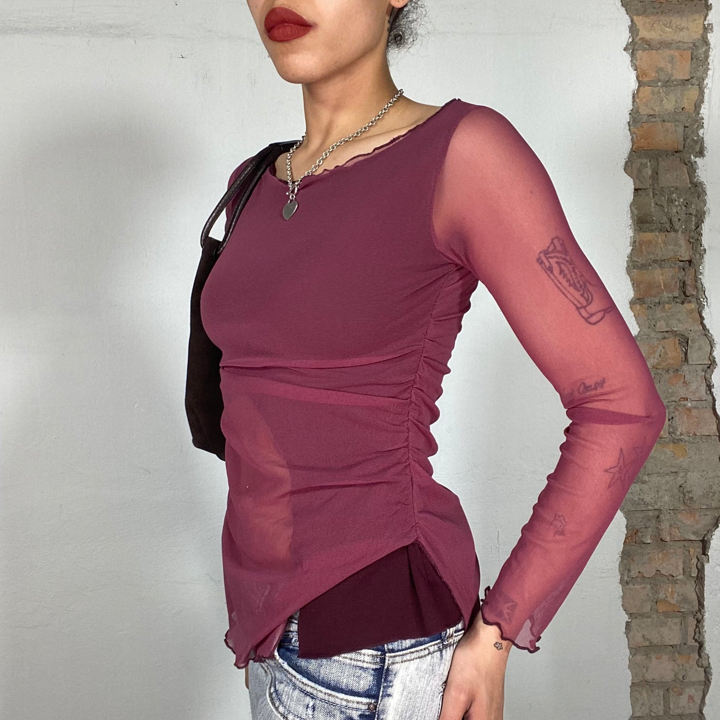 Vintage 2000's Archive Dark Red Sleaze Double Layer Mesh Top (S)