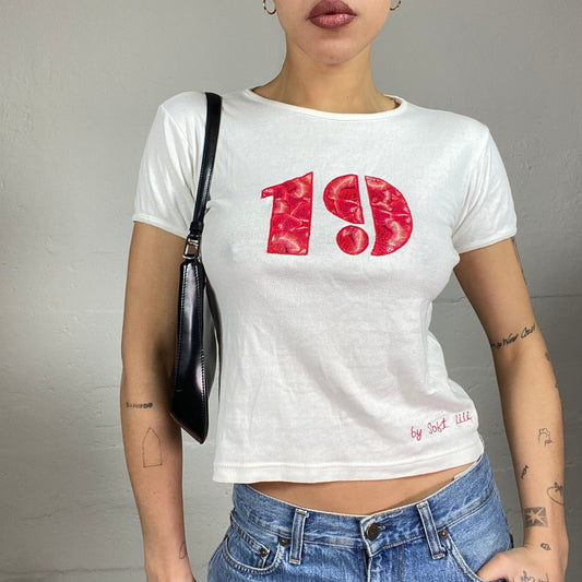 Vintage 2000's Downtown Girl White Top with Red Strawberry "19" Print (M)