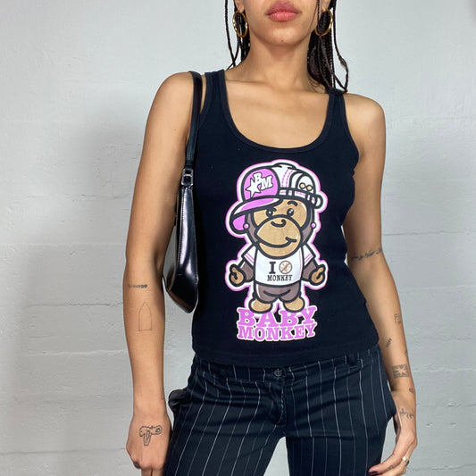 Vintage 2000's Sleaze Girl Black Top with Pink Baby Monkey Print (S)