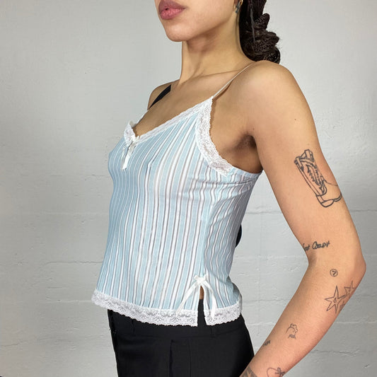 Vintage 2000's Downtown Girl Blue Cami Top with Pastel Stripes Print (M)
