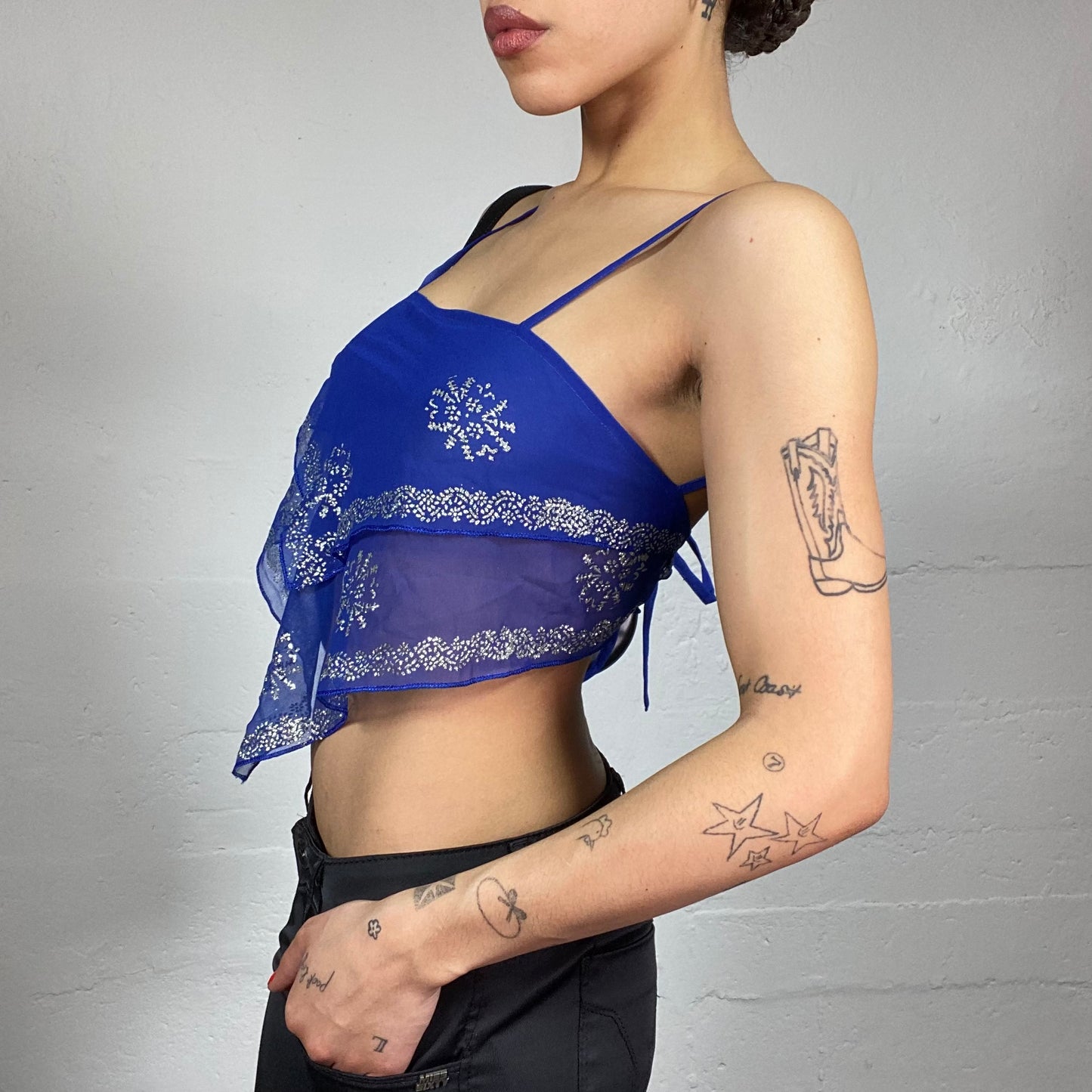 Vintage 2000's Festival Electric Blue Crop Top with Open Back and Mandala Print (S)