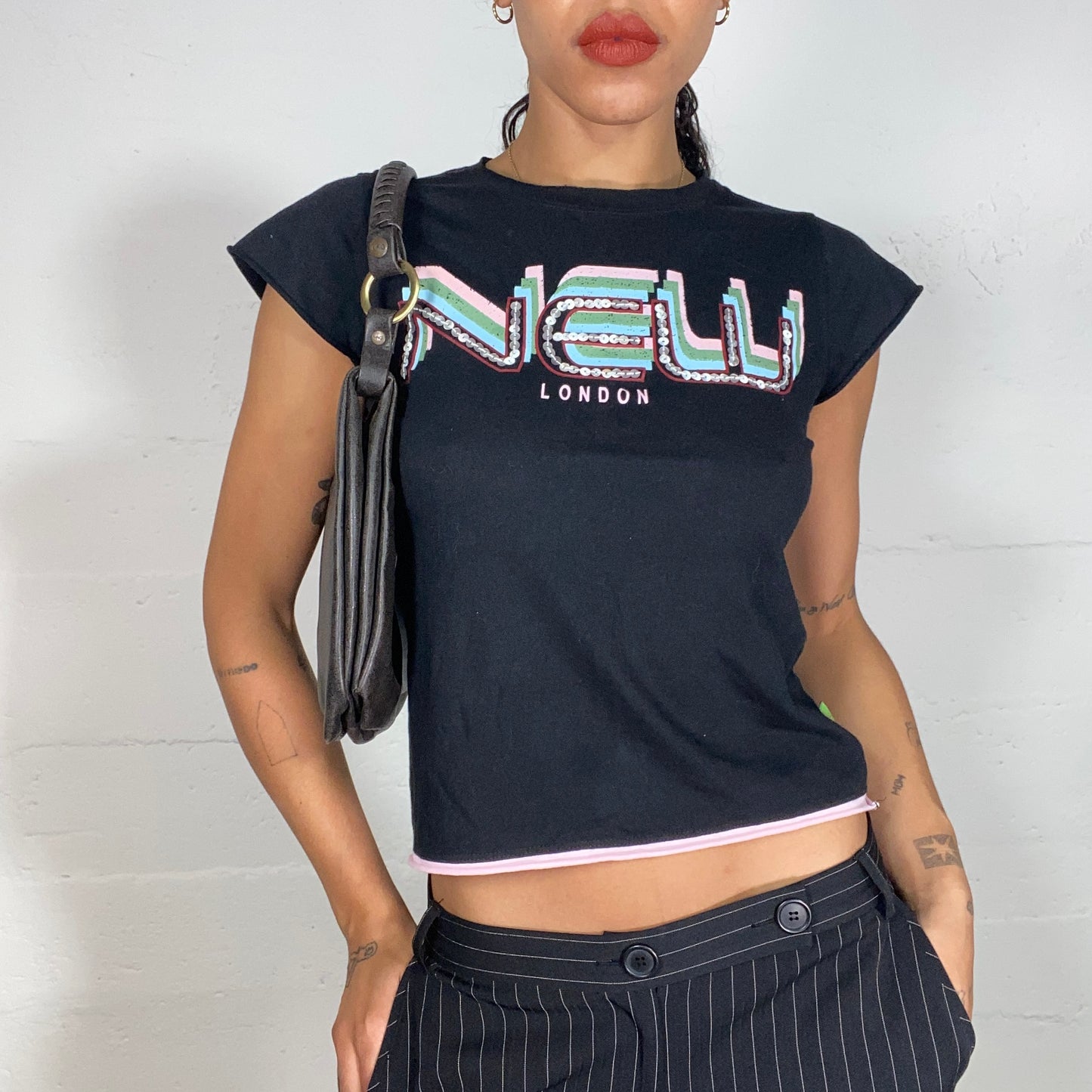 Vintage 2000's New London Downtown Girl Black Top with Logo Print and Sequin Detail (S)