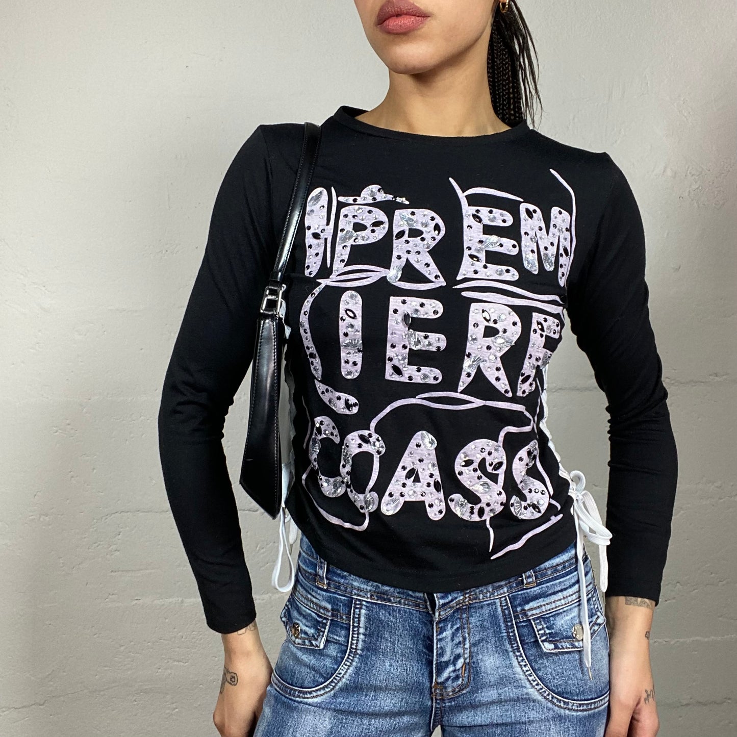 Vintage 2000's College Girl Black Longsleeve Top with Pink Rhinstones Text Print Detail (S)