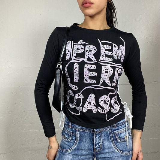 Vintage 2000's College Girl Black Longsleeve Top with Pink Rhinstones Text Print Detail (S)